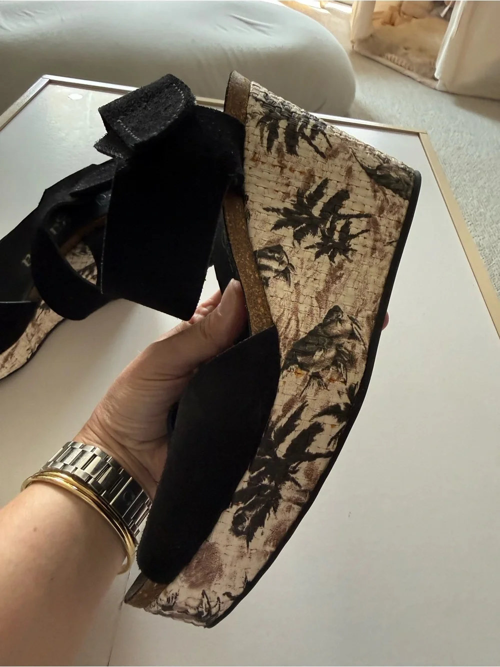 Pedro Garcia Black Suede Wedge Sandals with Patterned Cork Platform